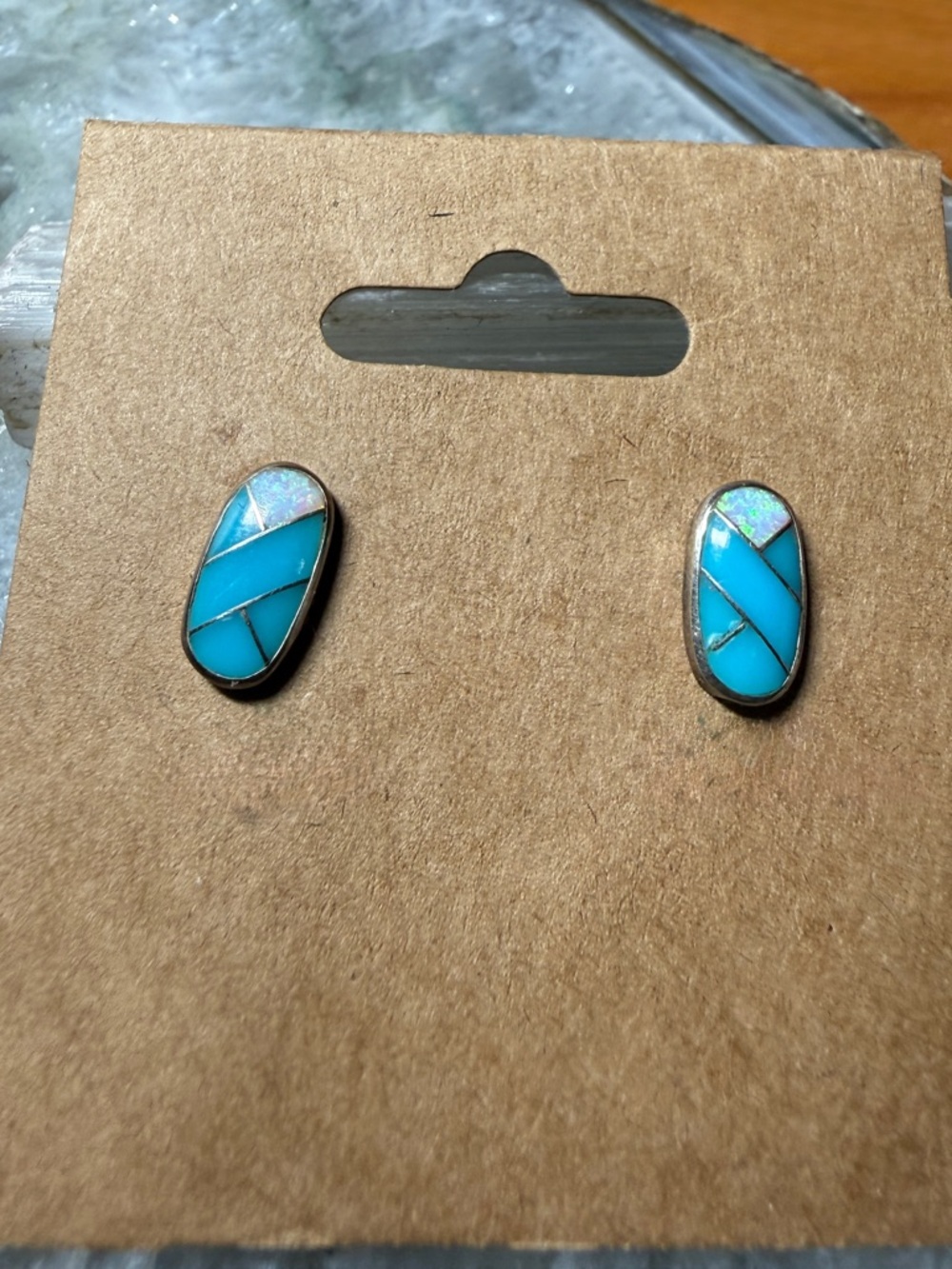 Zuni Native American Turquoise Inlay Oval Opal Turquoise Stud Earrings Signed OR - Picture 5 of 10